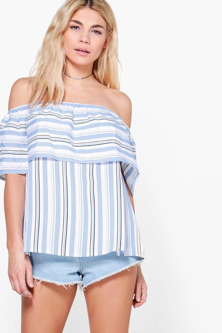 Boohoo Amelie Stripe Large Frill Off The Shoulder Top Multi