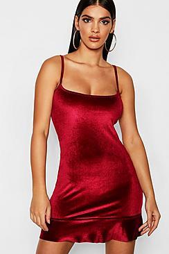 Boohoo Velvet Square Neck Frill Hem Bodycon Dress