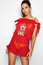 Boohoo Scarlett Frill Embroidered Tie Shoulder Beach Playsuit