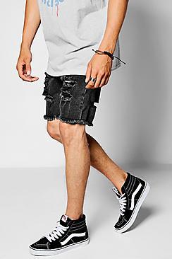 Boohoo Black Super Skinny Ripped Raw Edge Denim Shorts