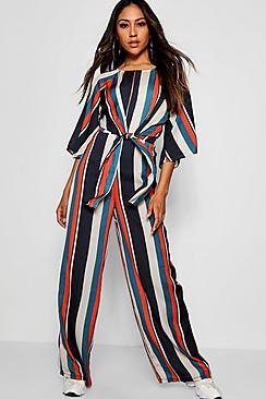 Boohoo Stripe Knot Satin Tie Waist Jumpsuit