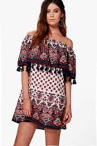 Boohoo Tall Aliza Printed Tassle Off The Shoulder Dress Multi