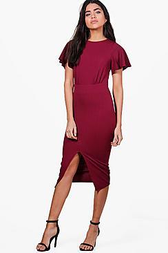 Boohoo Hollie Angel Sleeve Wiggle Midi Dress
