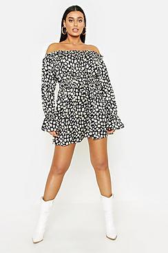 Boohoo Plus Leopard Satin Ruffle Wrap Dress
