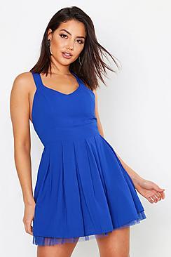 Boohoo Bow Back Pleat Skirt Skater Dress