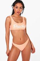 Boohoo Benidorm Peachy Slogan High Leg Crop Bikini