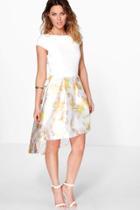 Boohoo Boutique Dory Floral Sateen Dip Hem Skater Dress Ivory