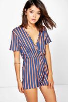 Boohoo Samia Striped Capped Sleeve Wrap Front Playsuit Blue