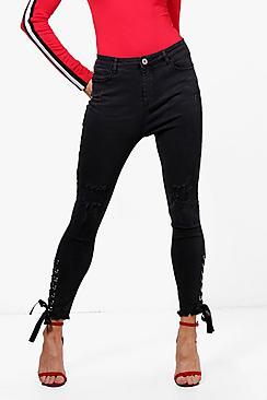 Boohoo Tara Mid Rise Lace-up Eyelet Skinny Jeans