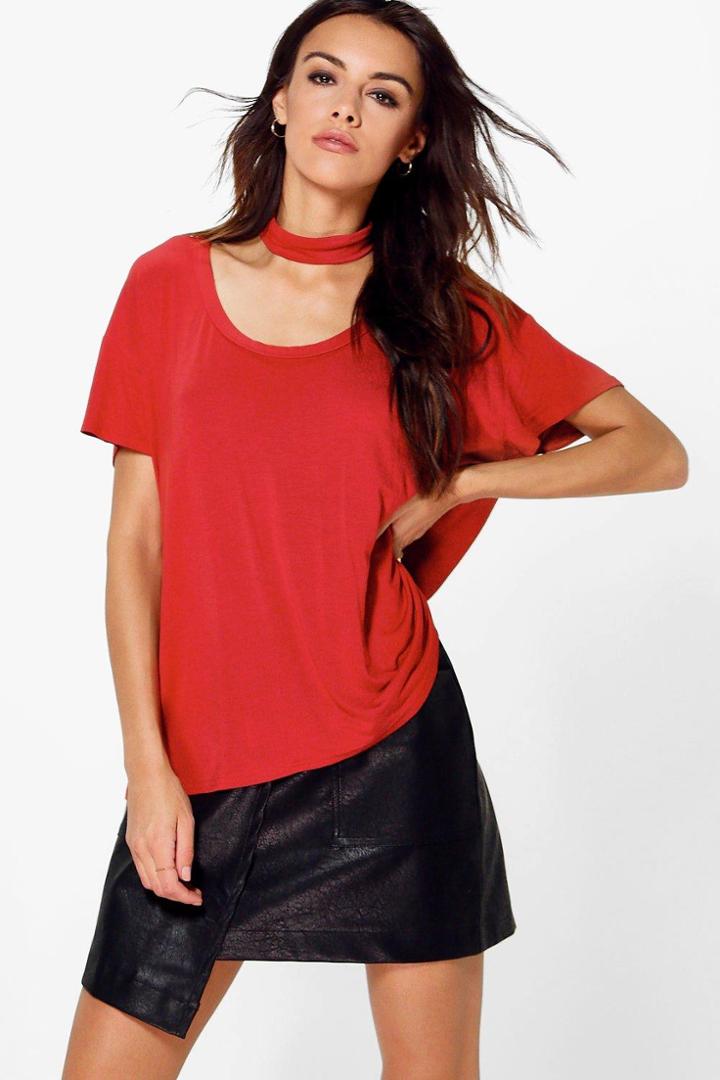Boohoo Ellie Low Scoop Neck Chocker T-shirt Rust