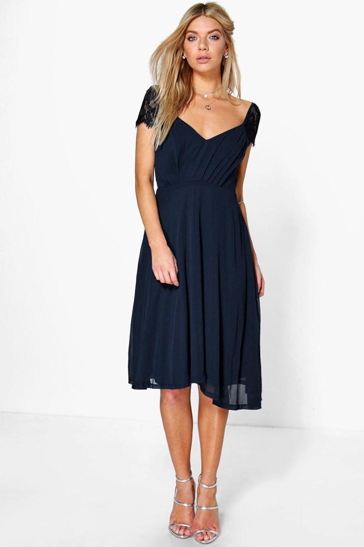 Boohoo Peony Eyelash Lace Sleeve Chiffon Midi Skater Dress Navy