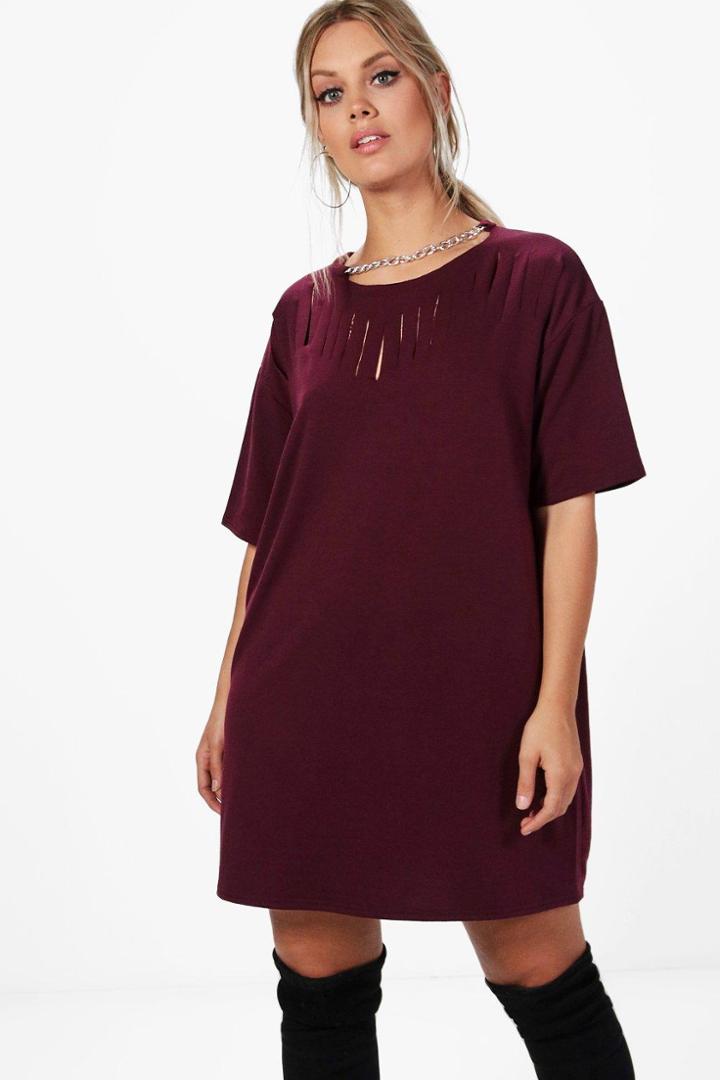 Boohoo Plus Kerry Chain Slashed Front Sweat Dress Burgundy