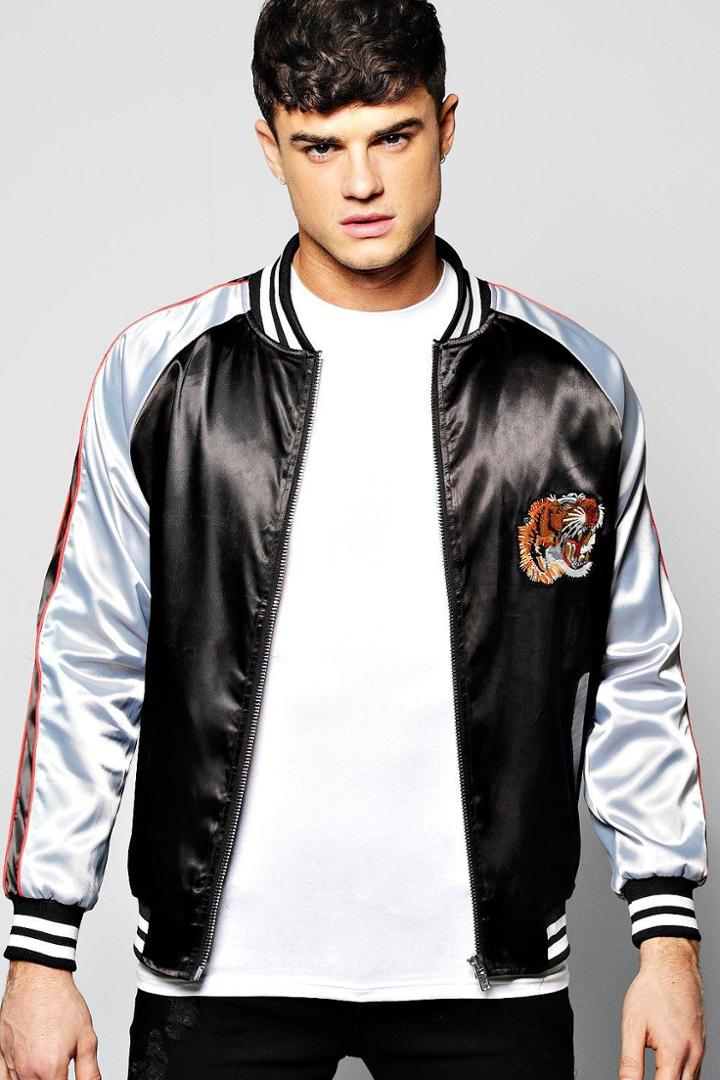 Boohoo Satin Raglan Bomber With Embroidery Black