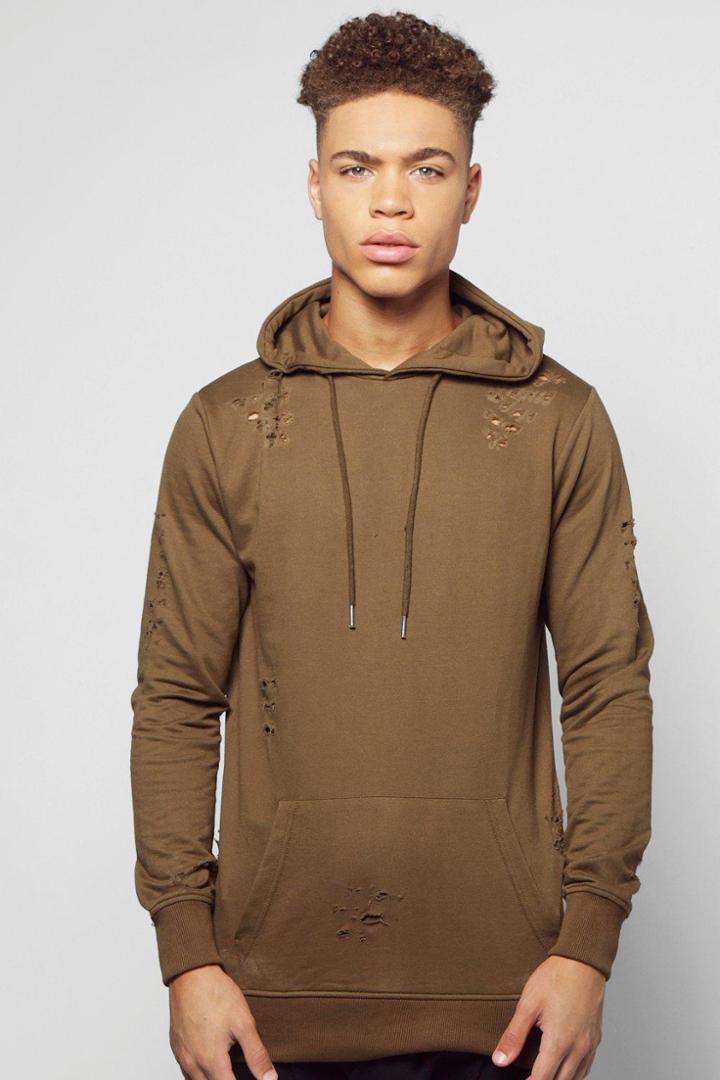 Boohoo Over The Head Distressed Hoodie Olive