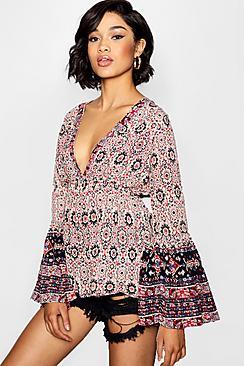 Boohoo Poppy Mixed Print Wide Sleeve Top