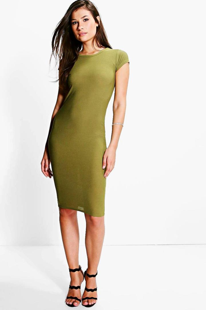 Boohoo Caroline Textured Bodycon Midi Dress Khaki