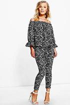 Boohoo Holly Lace Printed Off The Shoulder Trouser Co-ord