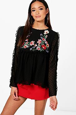 Boohoo Nadia Embroidered Long Sleeve Blouse