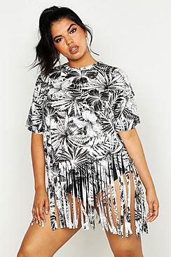 Boohoo Plus Mono Tropical Tassel Beach Dress