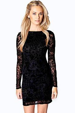 Boohoo Zoe Flock Long Sleeve Bodycon Dress