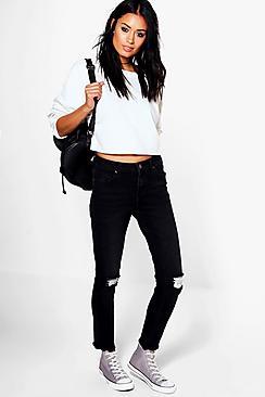 Boohoo Robyn High Rise Straight Leg Distressed Knee Jeans