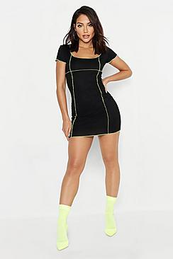 Boohoo Neon Binding Short Sleeve Bodycon Dress