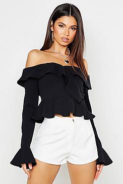 Boohoo Crepe Ruffle Off The Shoulder Top