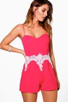 Boohoo Lottie Lace Trim Strappy Playsuit Coral