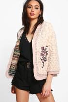 Boohoo Jenna Boutique Embroidered Faux Fur Jacket Cream
