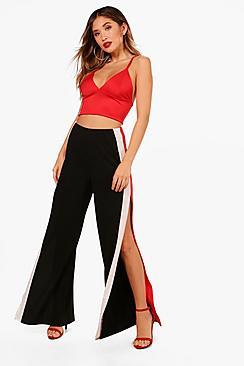 Boohoo Adelyn Crepe Extreme Split Stripe Wide Trouser