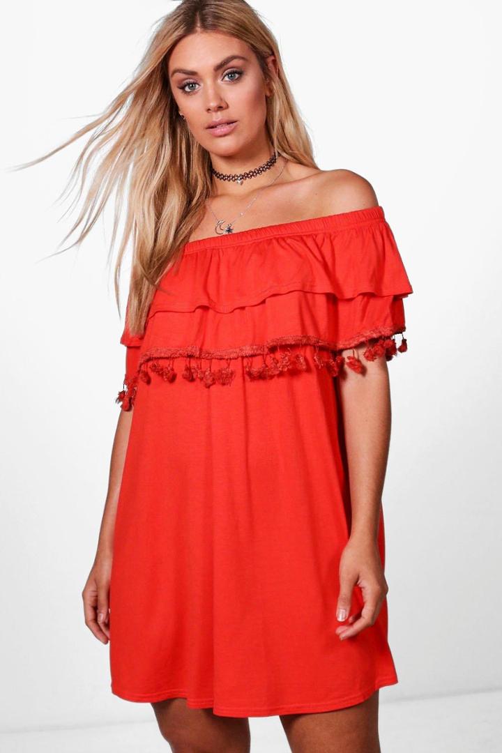 Boohoo Plus Elle Off The Shoulder Double Layer Tassel Dress Orange