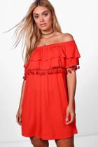 Boohoo Plus Elle Off The Shoulder Double Layer Tassel Dress Orange