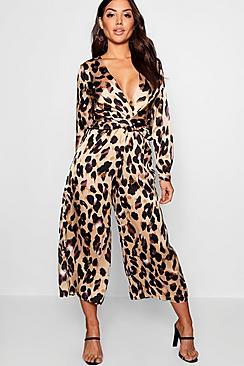 Boohoo Plunge Twist Leopard Print Satin Jumpsuit