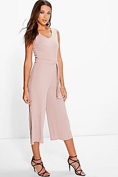 Boohoo Tall Naomi Ribbed Tie Front Culotte Jumpsuit