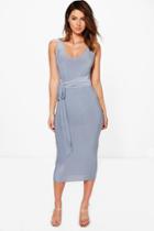 Boohoo Holly Slinky Multi Tie Waist Midi Dress Silver