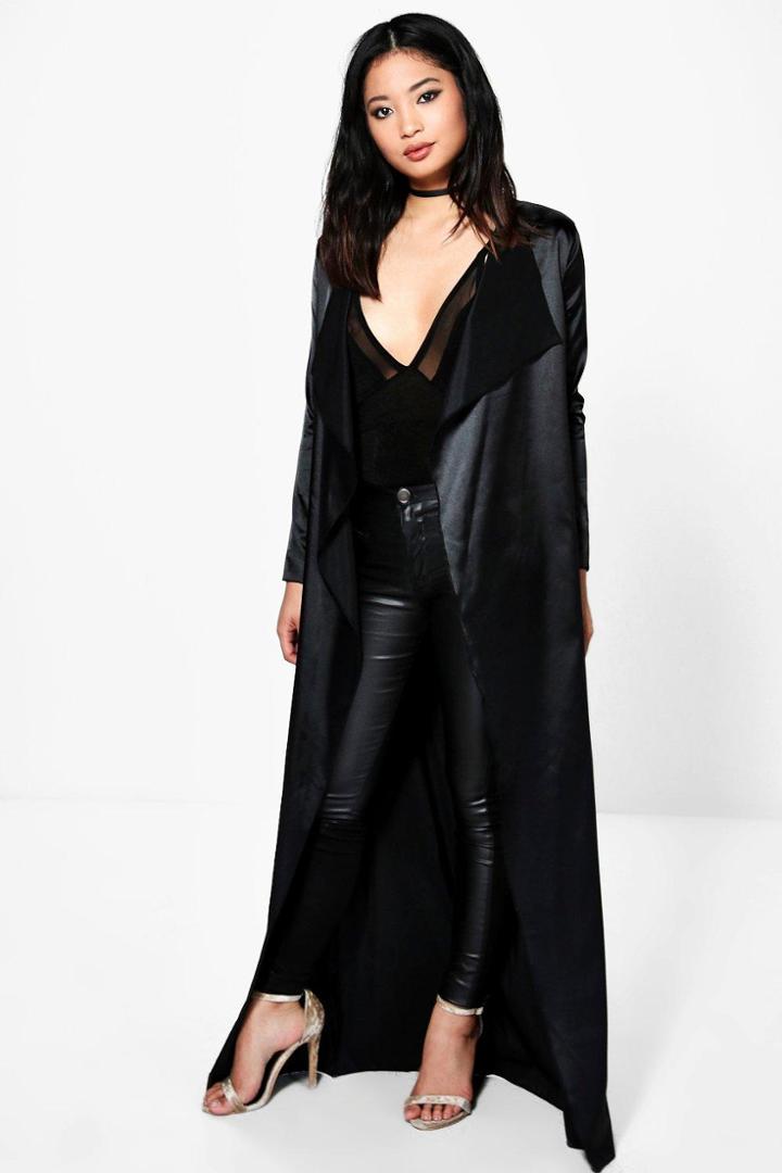Boohoo Petite Kay Satin Duster Jacket Black