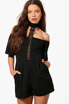 Boohoo Jenna Crochet Choker Style Open Shoulder Playsuit