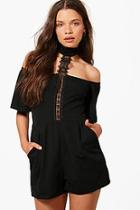Boohoo Jenna Crochet Choker Style Open Shoulder Playsuit