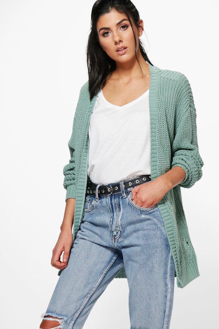 Boohoo Abigail Distressed Hem Edge To Edge Cardigan Sage