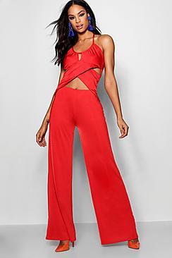 Boohoo Tall Jas Halter Wrap Front Slinky Wrap Jumpsuit