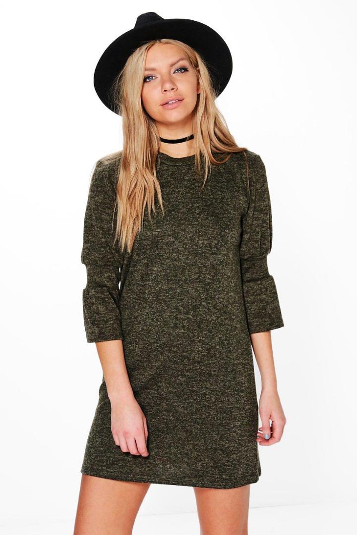 Boohoo Gigi Brush Knit Bell Sleeve Shift Dress Oatmeal