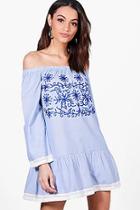 Boohoo Lea Off Shoulder Stripe Embroidered Shift Dress