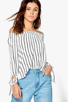 Boohoo Petite Cate Bardot Stripe Tie Sleeve Top