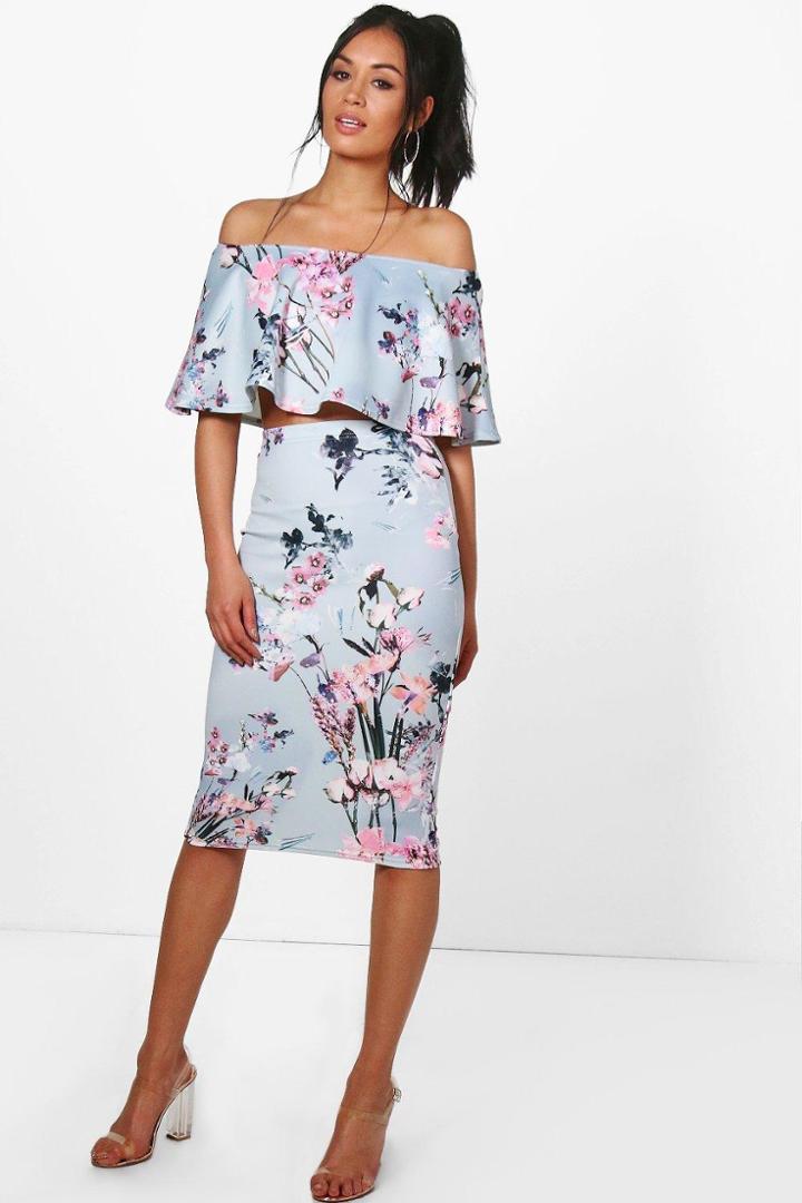 Boohoo Jenny Floral Off The Shoulder Crop & Skirt Co-ord Multi