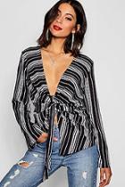 Boohoo Stripe Wide Sleeve Tie Front Blouse