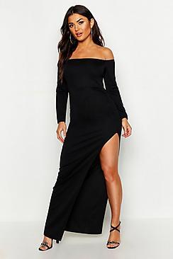 Boohoo Off The Shoulder Gathered Thigh Split Maxi Dress