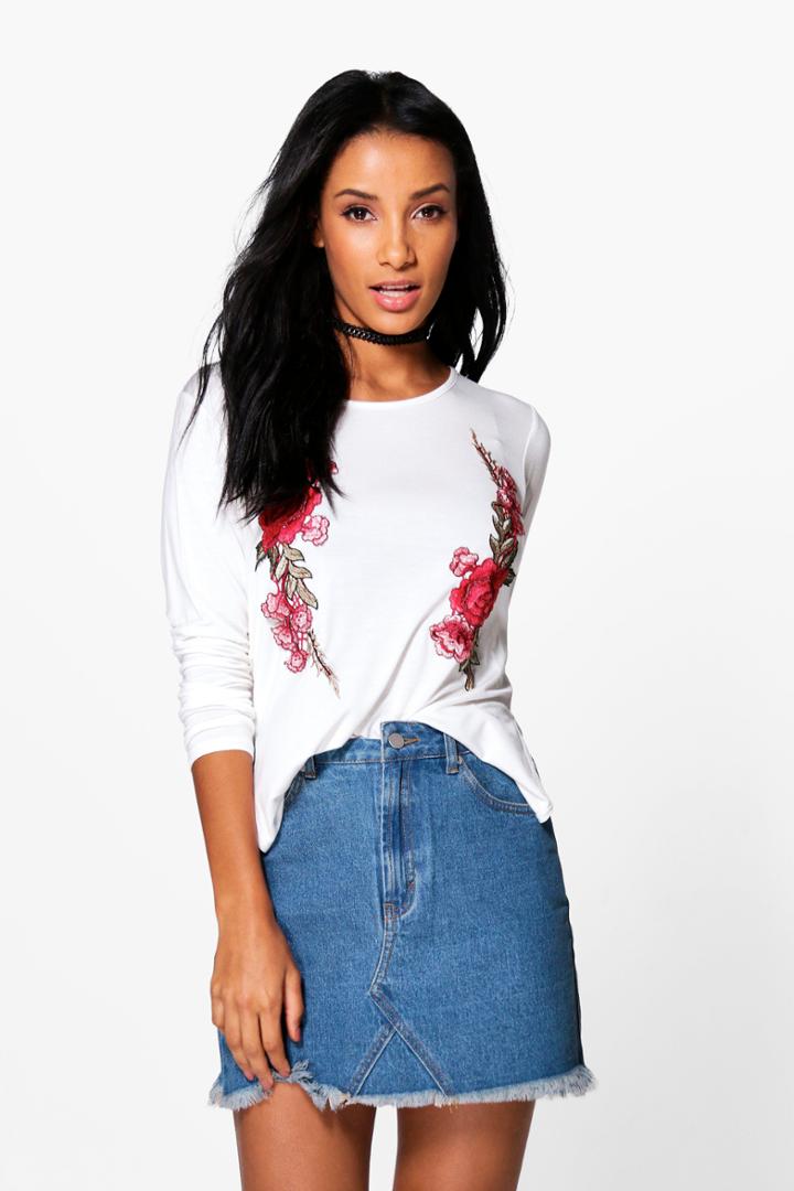 Boohoo Alexia Long Sleeve Embroidered T-shirt White
