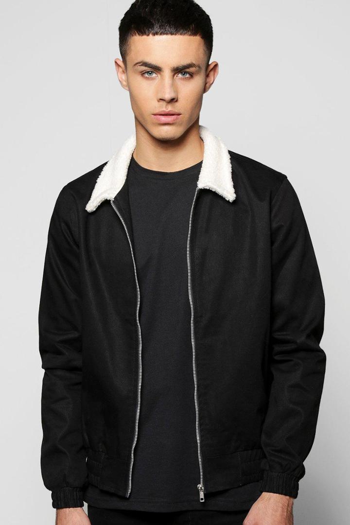 Boohoo Borg Collar Harrington Jacket With Zip Pockets Black