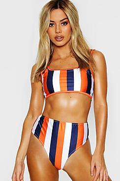 Boohoo Petite Stripe Square Neck Plunge Bikini Top