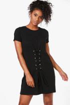 Boohoo Louise Lace Up Front T-shirt Dress Black